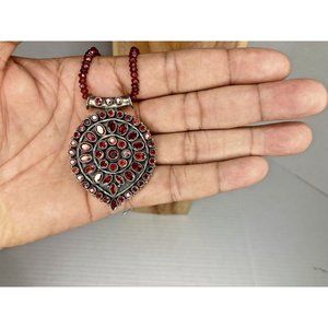 Chunky Vintage Sterling Silver Garnet Cluster Slide Pendant Necklace